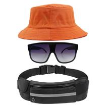 Kit Chapéu Bucket Hat, Pochete Ajustável Saída Fone E Óculos de Sol Quadrado Armação Transparente Com Proteção MD-31