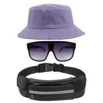 Kit Chapéu Bucket Hat, Pochete Ajustável Saída Fone E Óculos de Sol Quadrado Armação Transparente Com Proteção MD-31