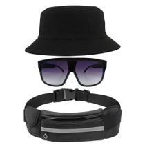 Kit Chapéu Bucket Hat, Pochete Ajustável Saída Fone E Óculos de Sol Quadrado Armação Transparente Com Proteção MD-31 - Odell Vendas OnLine
