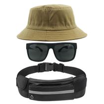 Kit Chapéu Bucket Hat, Pochete Ajustável Saída Fone E Óculos de Sol Retangular Armação Fosca Efeito Emborrachado MD-37