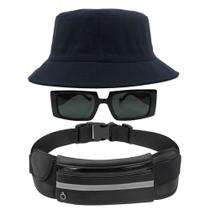 Kit Chapéu Bucket Hat, Pochete Ajustável Saída Fone E Óculos de Sol Retangular Estreito Armação Grossa Geométrica MD-32