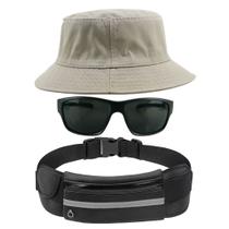 Kit Chapéu Bucket Hat, Pochete Ajustável Saída Fone E Óculos de Sol Retangular Masculino Armação Fosca Esportivo MD-38 - Odell Vendas OnLine