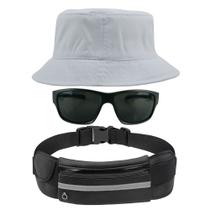 Kit Chapéu Bucket Hat, Pochete Ajustável Saída Fone E Óculos de Sol Retangular Masculino Armação Fosca Esportivo MD-38 - Odell Vendas OnLine