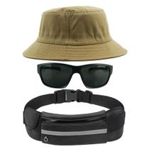 Kit Chapéu Bucket Hat, Pochete Ajustável Saída Fone E Óculos de Sol Retangular Masculino Armação Fosca Esportivo MD-38
