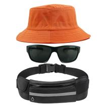 Kit Chapéu Bucket Hat, Pochete Ajustável Saída Fone E Óculos de Sol Retangular Masculino Armação Fosca Esportivo MD-38