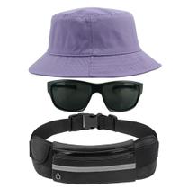 Kit Chapéu Bucket Hat, Pochete Ajustável Saída Fone E Óculos de Sol Retangular Masculino Armação Fosca Esportivo MD-38