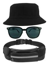 Kit Chapéu Bucket Hat, Pochete Impermeável Saída Fone E Óculos de Sol Retangular Feminino E Masculino Clubmaster MD-39