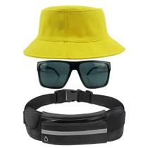 Kit Chapéu Bucket Hat, Pochete Impermeável Saída Fone E Óculos de Sol Retangular Masculino Espelhado Armação Fosca MD-40