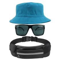 Kit Chapéu Bucket Hat, Pochete Impermeável Saída Fone E Óculos de Sol Retangular Masculino Espelhado Armação Fosca MD-40