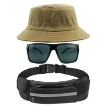 Kit Chapéu Bucket Hat, Pochete Impermeável Saída Fone E Óculos de Sol Retangular Masculino Espelhado Armação Fosca MD-40 - Odell Vendas OnLine