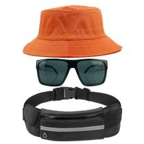 Kit Chapéu Bucket Hat, Pochete Impermeável Saída Fone E Óculos de Sol Retangular Masculino Espelhado Armação Fosca MD-40 - Odell Vendas OnLine
