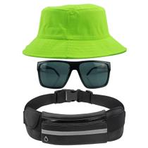 Kit Chapéu Bucket Hat, Pochete Impermeável Saída Fone E Óculos de Sol Retangular Masculino Espelhado Armação Fosca MD-40