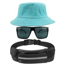 Kit Chapéu Bucket Hat, Pochete Impermeável Saída Fone E Óculos de Sol Retangular Masculino Espelhado Armação Fosca MD-40