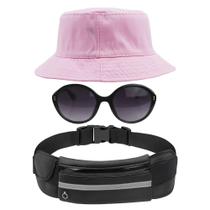 Kit Chapéu Bucket Hat, Pochete Impermeável Saída Fone E Óculos Redondo De Sol Feminino Adulto Com Proteção UV400 MD-27