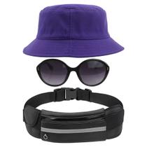 Kit Chapéu Bucket Hat, Pochete Impermeável Saída Fone E Óculos Redondo De Sol Feminino Adulto Com Proteção UV400 MD-27