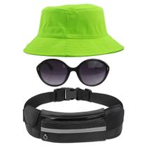 Kit Chapéu Bucket Hat, Pochete Impermeável Saída Fone E Óculos Redondo De Sol Feminino Adulto Com Proteção UV400 MD-27