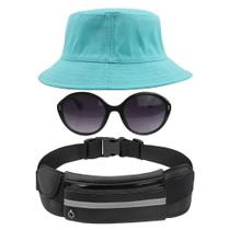 Kit Chapéu Bucket Hat, Pochete Impermeável Saída Fone E Óculos Redondo De Sol Feminino Adulto Com Proteção UV400 MD-27