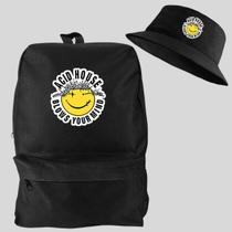 Kit Chapeu Bucket + Mochila Bolsa Masculina Basica Escolar Pega a Visão Estampado Acid