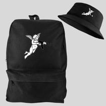 Kit Chapeu Bucket + Mochila Bolsa Masculina Basica Escolar Pega a Visão Estampado Anjo Branco