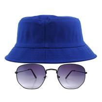 Kit Chapéu Bucket, Oculos De Sol Hexagonal Preto Unissex MD-04
