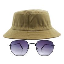 Kit Chapéu Bucket, Oculos De Sol Hexagonal Preto Unissex MD-04