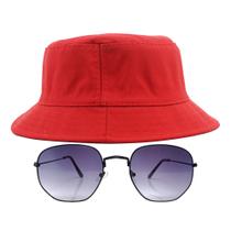 Kit Chapéu Bucket, Oculos De Sol Hexagonal Preto Unissex MD-04