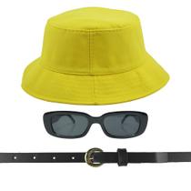 Kit Chapéu Bucket, Oculos De Sol Proteção Uv400 E Cinto Fininho CF03