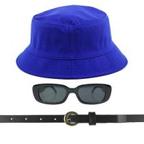 Kit Chapéu Bucket, Oculos De Sol Proteção Uv400 E Cinto Fininho CF03