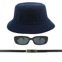 Kit Chapéu Bucket, Oculos De Sol Proteção Uv400 E Cinto Fivela Dourado CF04