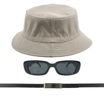 Kit Chapéu Bucket, Oculos De Sol Proteção Uv400 E Cinto Fivela Dourado CF04