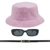 Kit Chapéu Bucket, Oculos De Sol Proteção Uv400 E Cinto Fivela Dourado CF04 - Odell Vendas OnLine