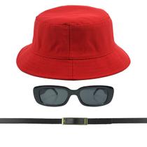 Kit Chapéu Bucket, Oculos De Sol Proteção Uv400 E Cinto Fivela Dourado CF04 - Odell Vendas OnLine