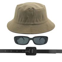 Kit Chapéu Bucket, Oculos De Sol Proteção Uv400 E Cinto Quadrado CF01