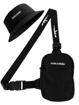 Kit Chapeu Bucket Preto + Shoulder Bag Mini Bolsa Lateral Masculina Alça AK Lisa
