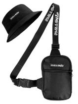 Kit Chapeu Bucket Preto + Shoulder Bag Mini Bolsa Lateral Masculina Alça PV
