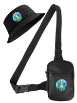 Kit Chapeu Bucket Preto + Shoulder Bag Mini Bolsa Lateral Masculina Estampa 2 ET