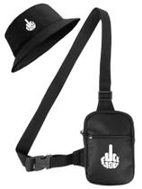 Kit Chapeu Bucket Preto + Shoulder Bag Mini Bolsa Lateral Masculina Estampa Dedo