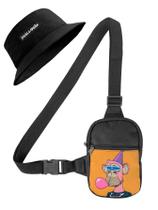 Kit Chapeu Bucket Preto + Shoulder Bag Mini Bolsa Lateral Masculina Macaco Laranja
