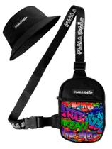 Kit Chapeu Bucket Preto + Shoulder Bag Mini Bolsa Lateral Masculina Pega Visão Grafite PV Kit Chapeu Bucket Preto + Shoulder Bag Mini Bolsa Lateral Masculina Pega Visão Grafite PV