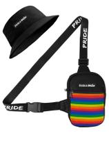Kit Chapeu Bucket Preto + Shoulder Bag Mini Bolsa Lateral Masculina Pega Visão LGBT Pride