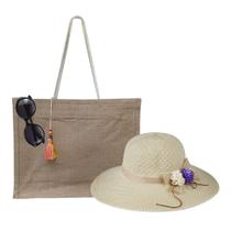 Kit Chapéu De Palha, Bolsa, Sacola De Palha E Oculos De Sol Feminino Básico Para Praia, Piscina, Passeios Ao Ar Livre