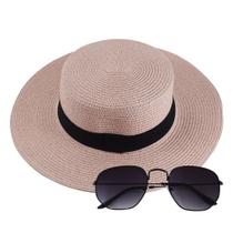 Kit Chapéu De Praia Paris Feminino Aba Média De Palha Com Fita Preta Para Praia E Óculos De Sol Hexagonal Proteção Uv400