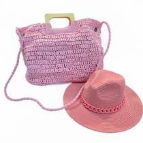 Kit Chapéu Fedora De Nylon Colorido e Bolsa Transversal Com Alça de Mão Em Madeira