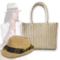 Kit Chapéu Palha + Bolsa Casual Praia Feminino ABA CURTA PANAMÁ 339