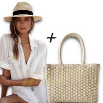 Kit Chapéu Palha + Bolsa Casual Praia Feminino ABA MÉDIA PANAMÁ 337