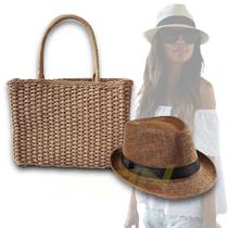 Kit Chapéu Palha + Bolsa Praia Casual Feminino ABA CURTA PANAMÁ 340