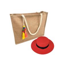 Kit Chapéu Paris E Bolsa Palha Juta Zíper Praia Verão Moda Piscina