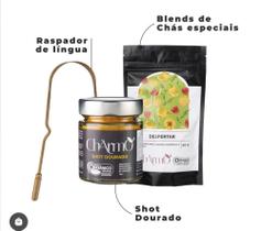 Kit Chármo com Chá orgânico, Shot Dourado e raspador de língua Kit Chármo com Chá orgânico, Shot Dourado e raspador de língua