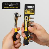 Kit Chave Catraca 19 Peças: Soquetes Canhão e Bits Kit Chave Catraca 19 Peças: Soquetes Canhão e Bits