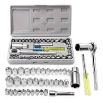 Kit Chave Catraca Reversível com Soquetes 40 Peças Maleta Aço Cromado Manutenção, Mecânica, Montagem, Carro e Moto